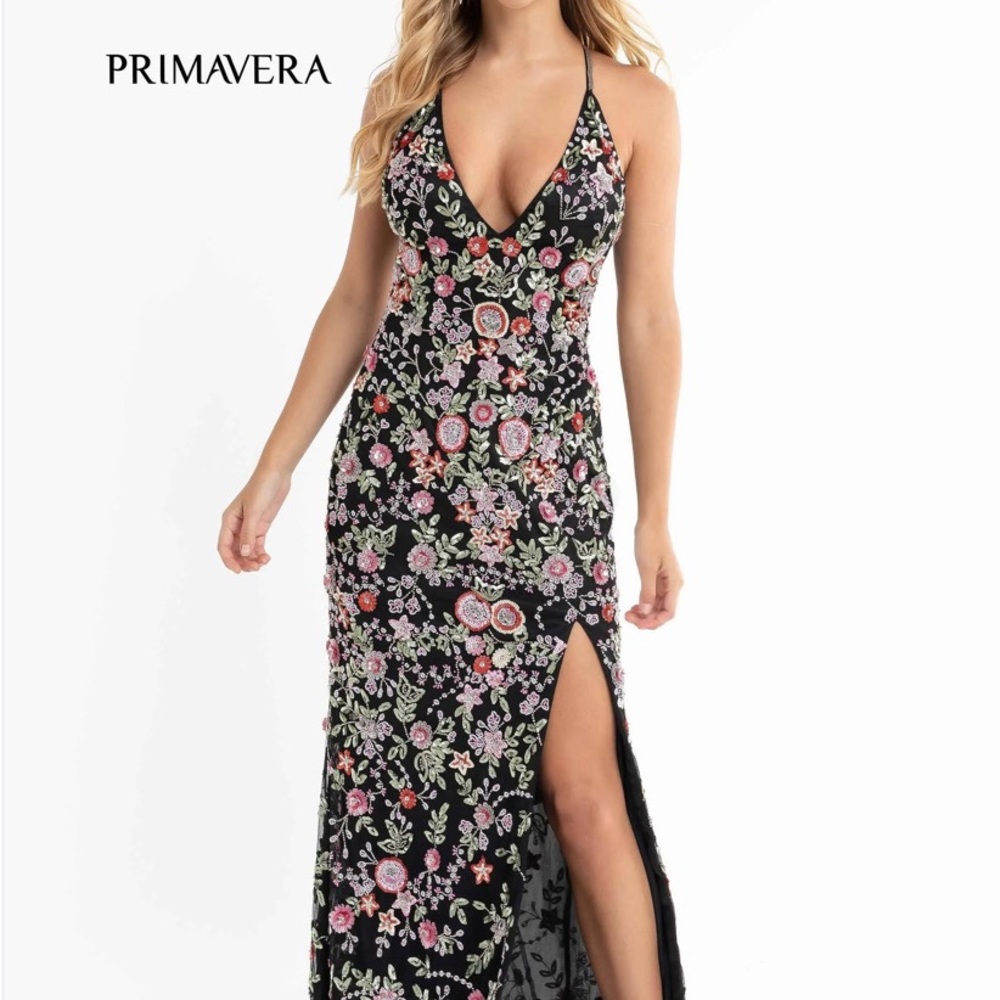 Primavera beaded black floral gown w/plunging neckline, slit. Worn once.